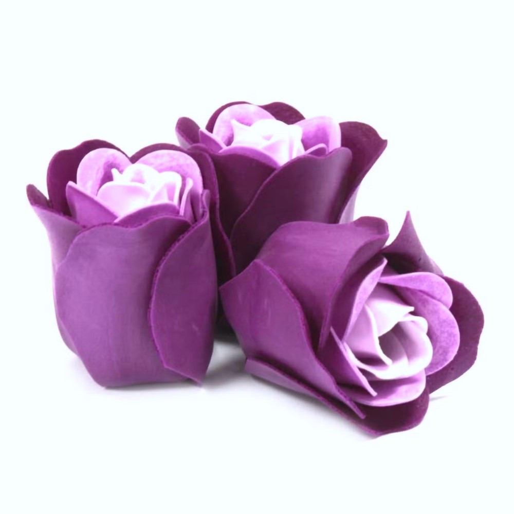 Mýdlové květy růže v krabičce srdce 3ks - fialová