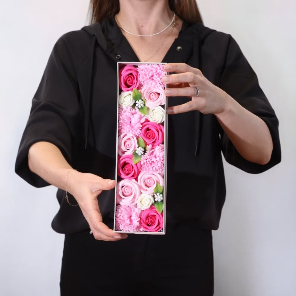 Dárkový box mýdlových květů dlouhý - růžová